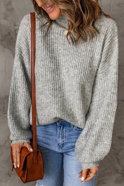 Heathered Balloon Sleeve Rib-Knit Sweater - SHE BADDY© ONLINE WOMEN FASHION & CLOTHING STORE