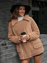 Zip-Up Collared Teddy Jacket - SHE BADDY© ONLINE WOMEN FASHION & CLOTHING STORE