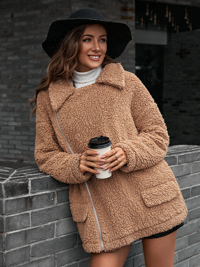 Zip-Up Collared Teddy Jacket - SHE BADDY© ONLINE WOMEN FASHION & CLOTHING STORE