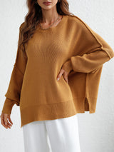 Exposed Seam Dropped Shoulder Slit Sweater - SHE BADDY© ONLINE WOMEN FASHION & CLOTHING STORE