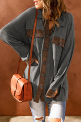 Contrast Waffle-Knit Shirt Jacket - SHE BADDY© ONLINE WOMEN FASHION & CLOTHING STORE