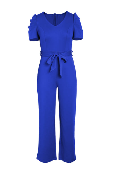 Belted Puff Sleeve V-Neck Jumpsuit - SHE BADDY© ONLINE WOMEN FASHION & CLOTHING STORE