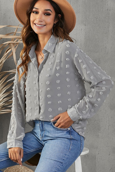 Swiss Dot Button-Up Long Sleeve Shirt - SHE BADDY© ONLINE WOMEN FASHION & CLOTHING STORE