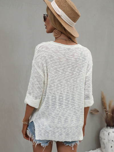 Notched Side Slit Drop Shoulder Sweater - SHE BADDY© ONLINE WOMEN FASHION & CLOTHING STORE