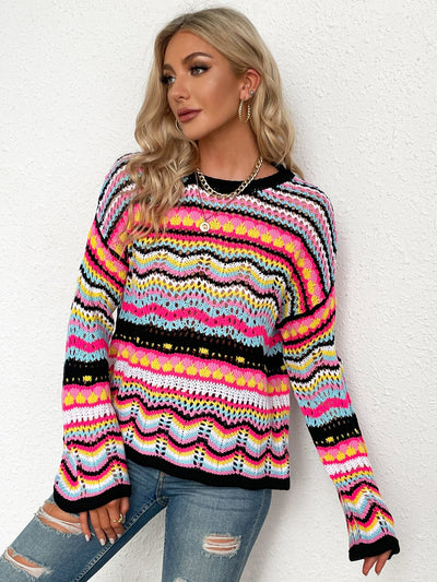 Rainbow Stripe Openwork Flare Sleeve Knit Top - SHE BADDY© ONLINE WOMEN FASHION & CLOTHING STORE