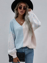 Leopard Color Block V-Neck Tunic Pullover Sweater - SHE BADDY© ONLINE WOMEN FASHION & CLOTHING STORE