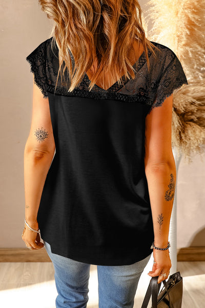 Scalloped Spliced Lace V-Neck Top - SHE BADDY© ONLINE WOMEN FASHION & CLOTHING STORE