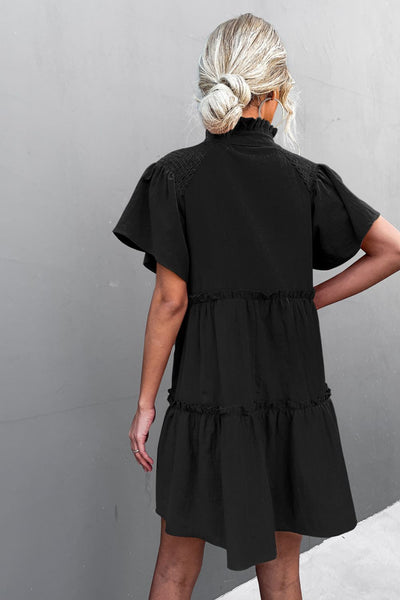 Frill Trim Smocked Tie Neck Dress - SHE BADDY© ONLINE WOMEN FASHION & CLOTHING STORE