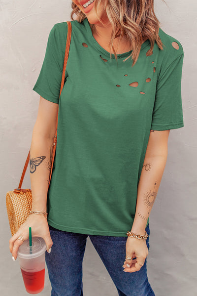 Distressed Short Sleeve Round Neck Tee - SHE BADDY© ONLINE WOMEN FASHION & CLOTHING STORE