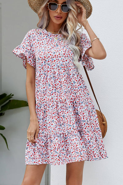 Ditsy Floral Flounce Sleeve Tiered Dress - SHE BADDY© ONLINE WOMEN FASHION & CLOTHING STORE
