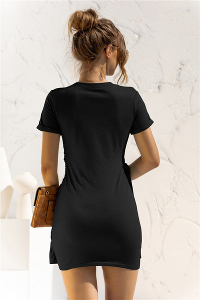 Round Neck Cuffed Sleeve Side Tie Dress - SHE BADDY© ONLINE WOMEN FASHION & CLOTHING STORE