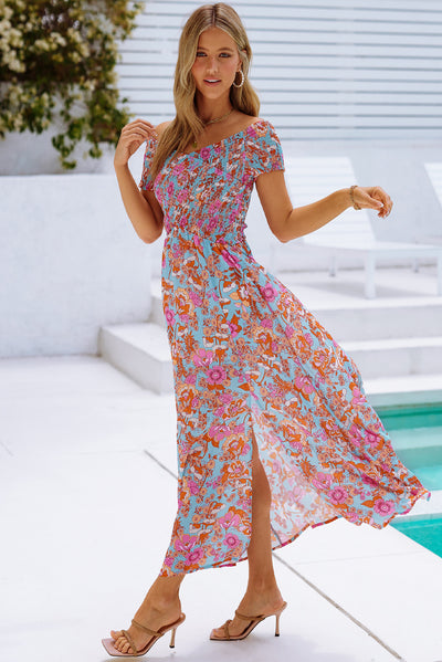 Floral Crisscross Smocked Off-Shoulder Dress - SHE BADDY© ONLINE WOMEN FASHION & CLOTHING STORE