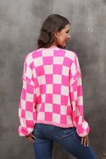 Checkered Open Front Drop Shoulder Cardigan - SHE BADDY© ONLINE WOMEN FASHION & CLOTHING STORE