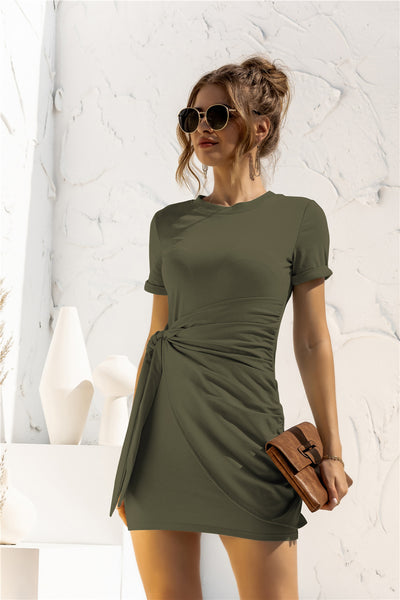 Round Neck Cuffed Sleeve Side Tie Dress - SHE BADDY© ONLINE WOMEN FASHION & CLOTHING STORE