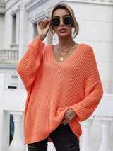 Rib-Knit Drop Shoulder V-Neck Pullover Sweater - SHE BADDY© ONLINE WOMEN FASHION & CLOTHING STORE