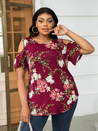 Plus Size Cold-Shoulder Round Neck Curved Hem Tee - SHE BADDY© ONLINE WOMEN FASHION & CLOTHING STORE