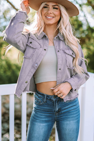 Frayed Trim Snap Down Denim Jacket - SHE BADDY© ONLINE WOMEN FASHION & CLOTHING STORE