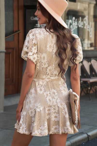 Floral Lace Pompom Detail Tie-Waist Flutter Sleeve Dress - SHE BADDY© ONLINE WOMEN FASHION & CLOTHING STORE