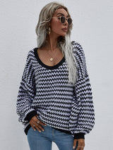 Striped Drop Shoulder V-Neck Pullover Sweater - SHE BADDY© ONLINE WOMEN FASHION & CLOTHING STORE