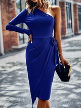 One-Shoulder Pleated Detail Belted Dress - SHE BADDY© ONLINE WOMEN FASHION & CLOTHING STORE