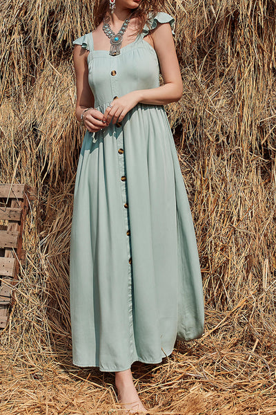 Decorative Button Ruffle Trim Smocked Maxi Dress - SHE BADDY© ONLINE WOMEN FASHION & CLOTHING STORE