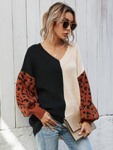 Leopard Color Block V-Neck Tunic Pullover Sweater - SHE BADDY© ONLINE WOMEN FASHION & CLOTHING STORE