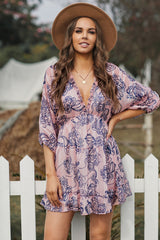 Printed Frill Trim Plunge Tied Open Back Dress - SHE BADDY© ONLINE WOMEN FASHION & CLOTHING STORE