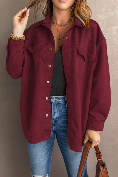 Suede Snap Front Dropped Shoulder Jacket - SHE BADDY© ONLINE WOMEN FASHION & CLOTHING STORE