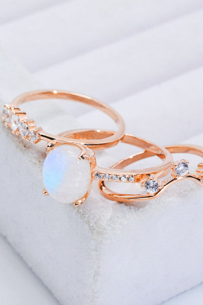 Natural Moonstone and Zircon Three-Piece Ring Set - SHE BADDY© ONLINE WOMEN FASHION & CLOTHING STORE