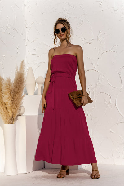 Strapless Tie Waist Tiered Maxi Dress - SHE BADDY© ONLINE WOMEN FASHION & CLOTHING STORE