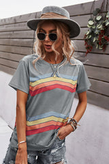 Multicolored Chevron Stripe Round Neck Side Slit T-Shirt - SHE BADDY© ONLINE WOMEN FASHION & CLOTHING STORE