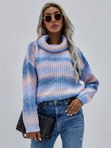 Rainbow Rib-Knit Turtleneck Drop Shoulder Sweater - SHE BADDY© ONLINE WOMEN FASHION & CLOTHING STORE