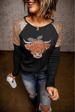 Contrast Sequin Animal Graphic Round Neck Top - SHE BADDY© ONLINE WOMEN FASHION & CLOTHING STORE