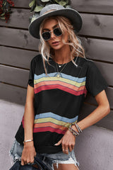 Multicolored Chevron Stripe Round Neck Side Slit T-Shirt - SHE BADDY© ONLINE WOMEN FASHION & CLOTHING STORE