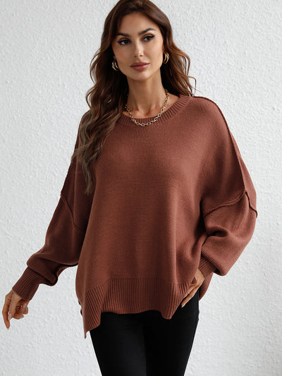 Exposed Seam Dropped Shoulder Slit Sweater - SHE BADDY© ONLINE WOMEN FASHION & CLOTHING STORE