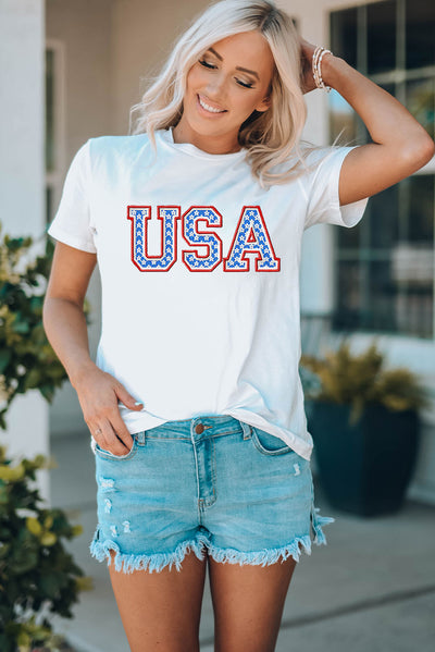USA Graphic Embroidered Round Neck T-Shirt - SHE BADDY© ONLINE WOMEN FASHION & CLOTHING STORE