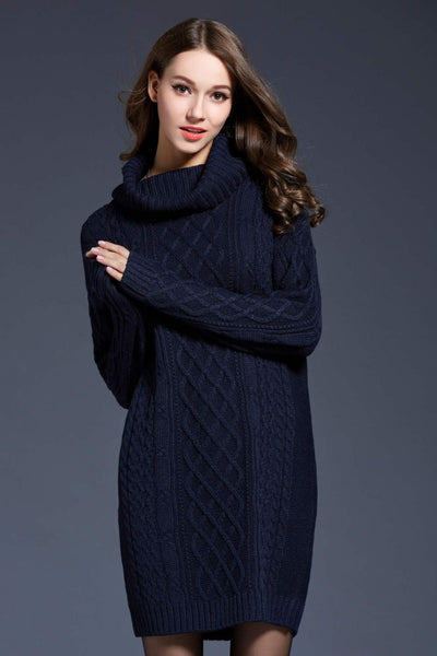 Full Size Mixed Knit Cowl Neck Dropped Shoulder Sweater Dress - SHE BADDY© ONLINE WOMEN FASHION & CLOTHING STORE