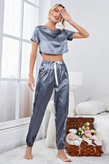 Satin Short Sleeve Crop Top and Joggers Lounge Set - SHE BADDY© ONLINE WOMEN FASHION & CLOTHING STORE