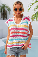 Striped V-Neck Slit Cover Up - SHE BADDY© ONLINE WOMEN FASHION & CLOTHING STORE