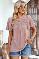 Frill Trim Round Neck Eyelet Puff Sleeve Blouse - SHE BADDY© ONLINE WOMEN FASHION & CLOTHING STORE