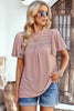 Frill Trim Round Neck Eyelet Puff Sleeve Blouse