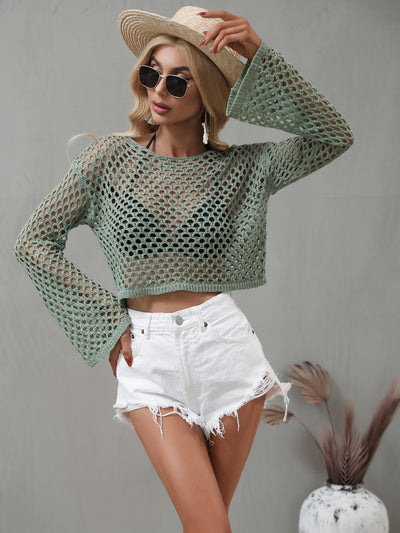 Openwork Flare Sleeve Cropped Cover Up - SHE BADDY© ONLINE WOMEN FASHION & CLOTHING STORE
