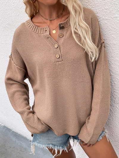 Buttoned Exposed Seam High-Low Sweater - SHE BADDY© ONLINE WOMEN FASHION & CLOTHING STORE