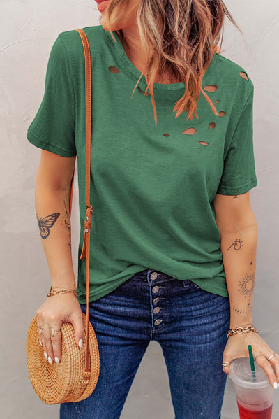 Distressed Short Sleeve Round Neck Tee - SHE BADDY© ONLINE WOMEN FASHION & CLOTHING STORE