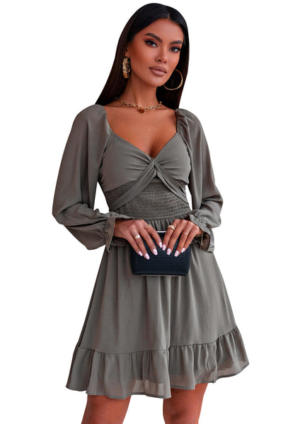 Smocked Long Flounce Sleeve Ruffle Hem Dress - SHE BADDY© ONLINE WOMEN FASHION & CLOTHING STORE