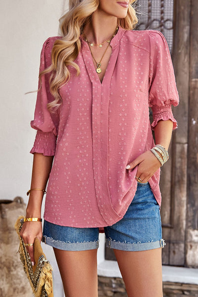 Textured Notched Neck Puff Sleeve Blouse - SHE BADDY© ONLINE WOMEN FASHION & CLOTHING STORE