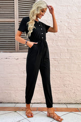 Button Front Short Sleeve Jogger Jumpsuit - SHE BADDY© ONLINE WOMEN FASHION & CLOTHING STORE