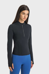 Half Zip Thumbhole Sleeve Sports Top - SHE BADDY© ONLINE WOMEN FASHION & CLOTHING STORE