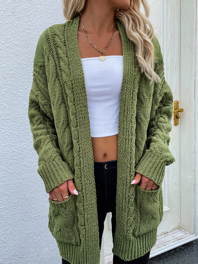 Cable-Knit Open Front Cardigan with Front Pockets - SHE BADDY© ONLINE WOMEN FASHION & CLOTHING STORE