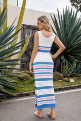 Striped Openwork Cropped Tank and Split Skirt Set - SHE BADDY© ONLINE WOMEN FASHION & CLOTHING STORE